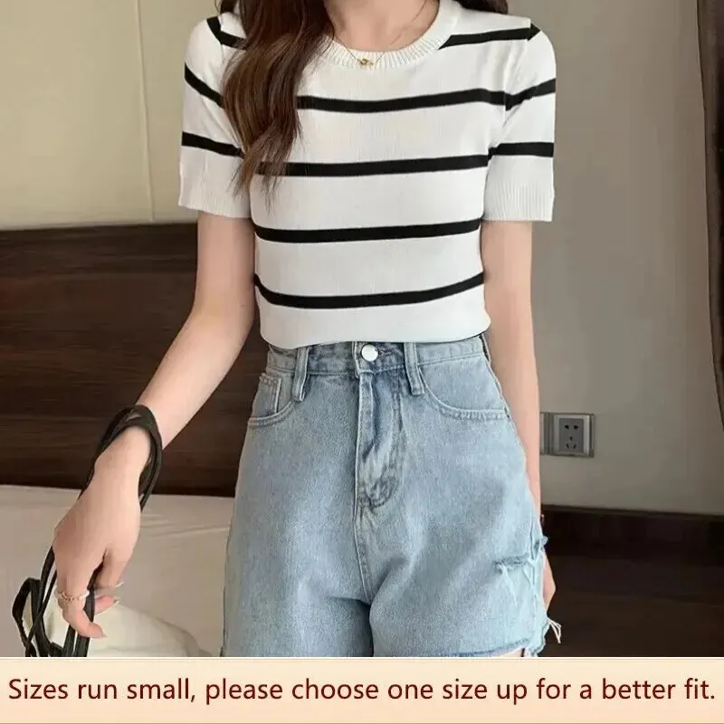 1pc Contrasting Striped Knitted Short-sleeved Women's Summer Sense Niche Round Neck Ice Silk Slim Top T-Shirt