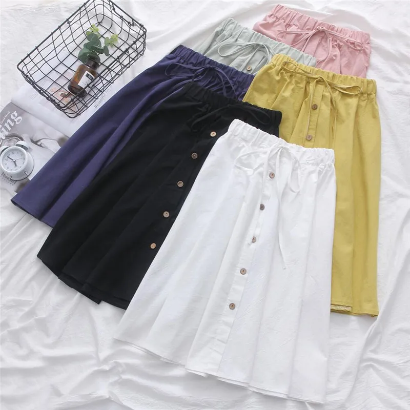 أسود أحمر أبيض تنورة عادية مرونة الخصر القطن الكتان التنانير النساء 2026 الصيف أزرار تنورة خمر نقية