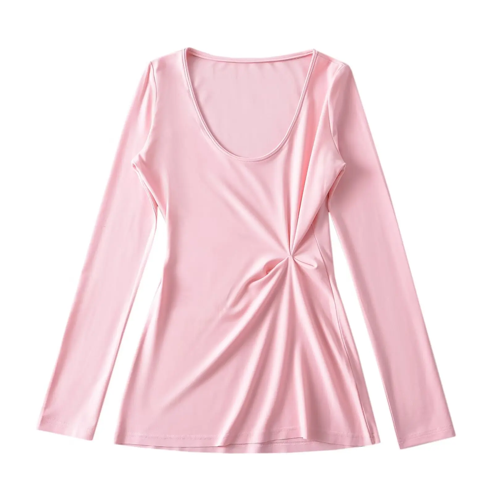 スリムフィット長袖Tシャツ レディース ラジースタイル 日よけカバーアップトップ Uネック プリーツ コットン 春夏ファッション キュートスタイル