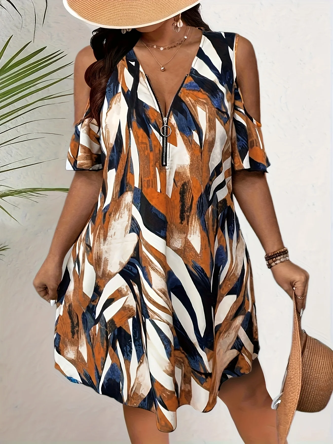 

Плюс размер2025 Новое платье с цветочным принтом — элегантный облегающий топ и струящаяся юбка, круглый вырез с короткими рукавами, можно стирать в машине, весна-лето