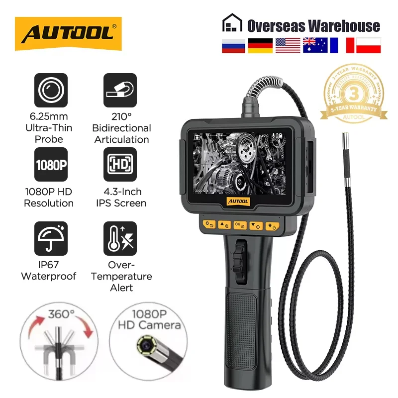 AUTOOL SVB208 Automotive Industrial Endoscope 6.25mm HD1080P Car Inspection Borescope Pipe Sewer Inspection Borescope with 6 LED