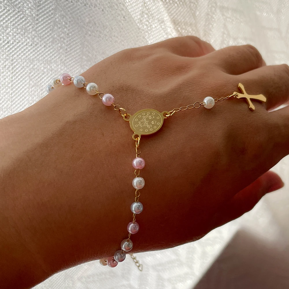 لطيف سوار الوردية للنساء مجوهرات الزفاف 4 مللي متر تقليد حبات اللؤلؤ مادونا الفولاذ المقاوم للصدأ الذهب اللون الصليب المعمودية هدية