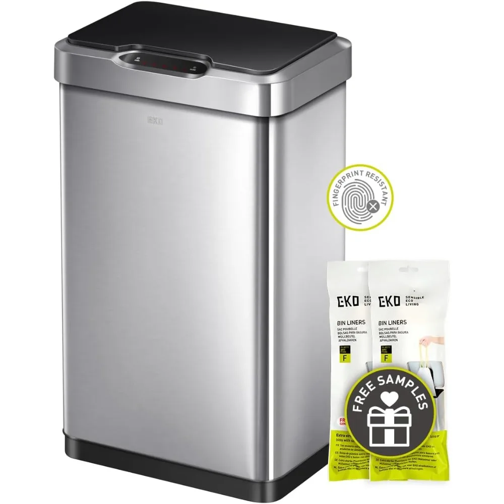 EKO Mirage-T 50 Liter / 13.2 Gallon Touchless Rectangular Motion Sensor Trash Can, Brushed Stainless Steel Finish