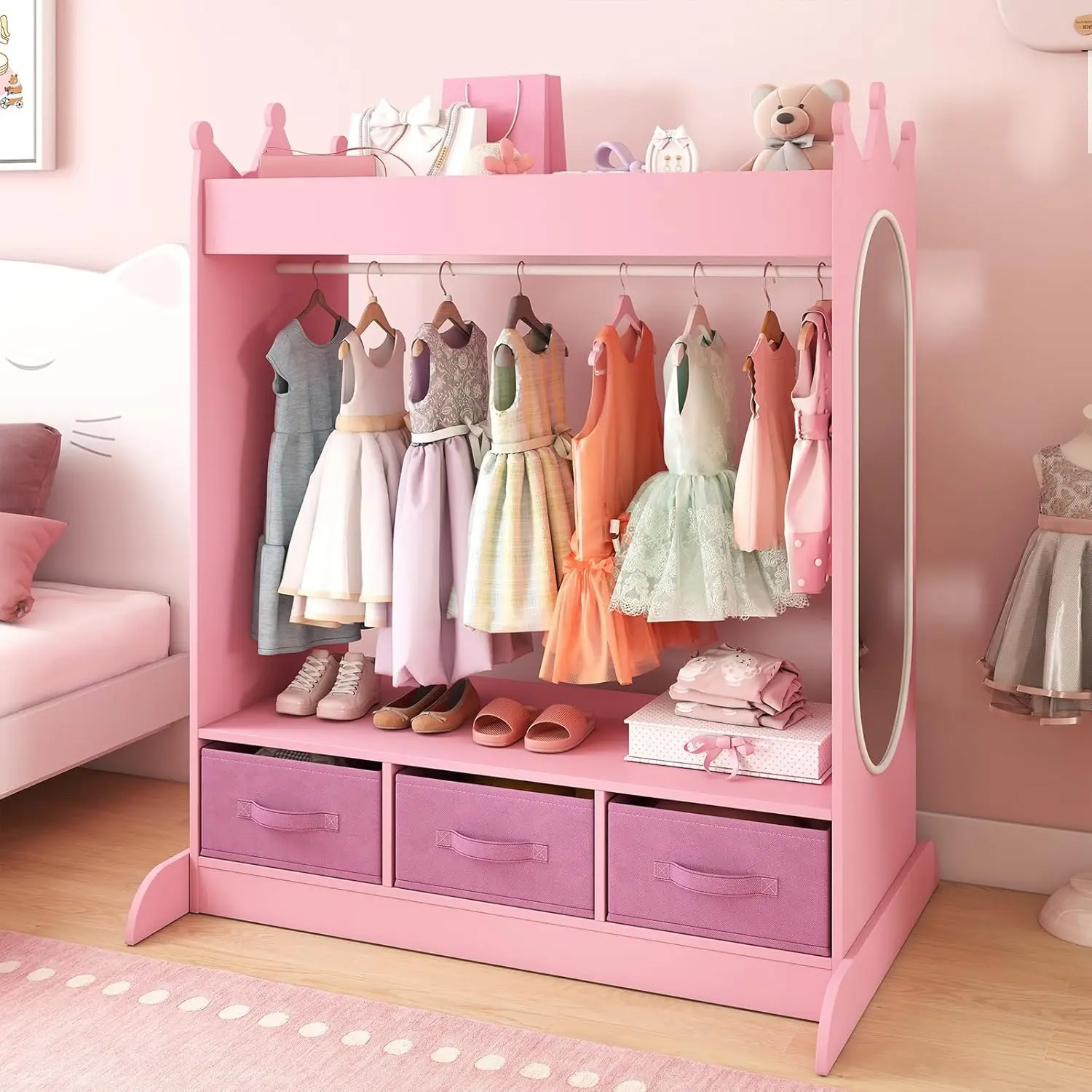 Cassettiera per bambini con specchio e cassetti, armadio portaoggetti per sala giochi rosa