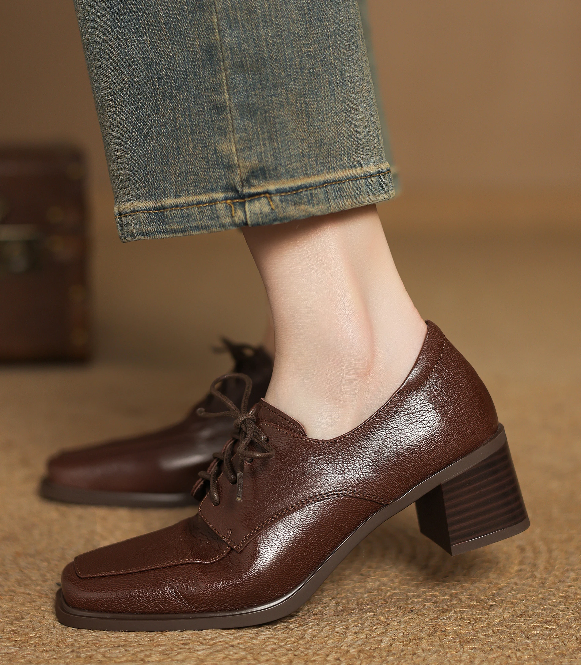 EAGSITY Cow Leather Mid-century style lace up women leather shoes square toe square heel derby shoes brogue oxford