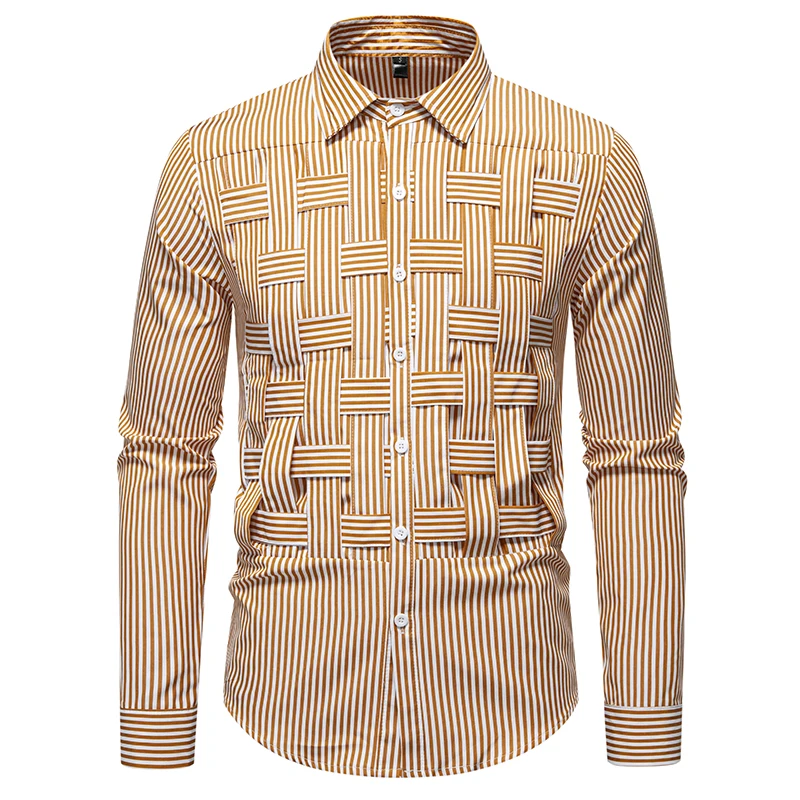 

Men Fall Shirt Weaving Striped Print Individual Long Sleeve Cardigan Single-breasted Loose Cardigan Braided Men Spring Top