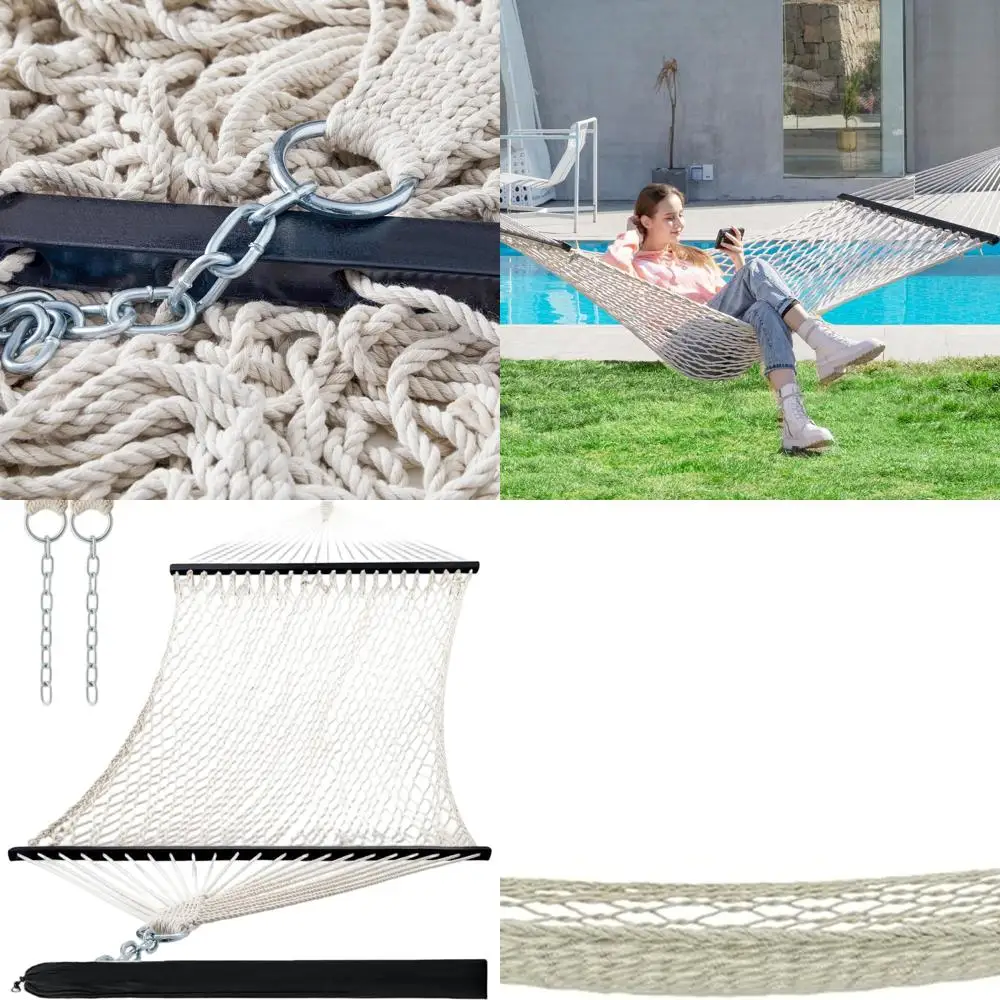 

13-футовый двухместный бежевый веревочный гамак с барами из твердой древесины и сумкой для переноски, вместимость 475 фунтов