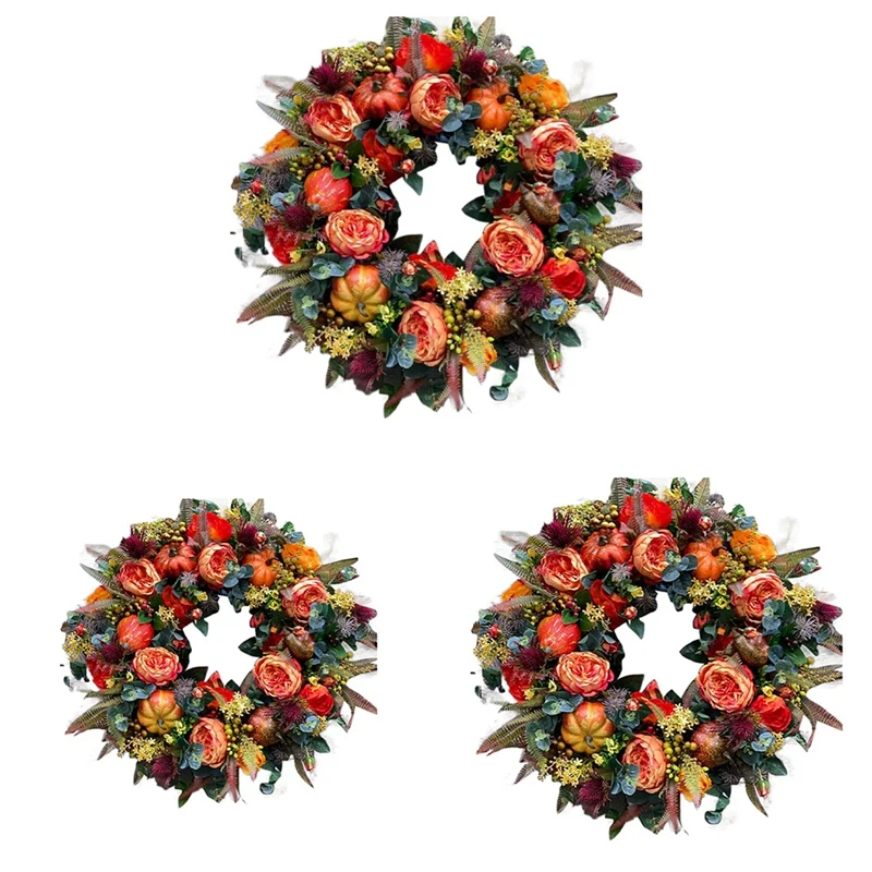 19.7-Inch Autumn Wreath Fall Wreaths For Front Door Outside,With Pumpkin Berries Suitable For Halloween Thanksgiving Easy To Use