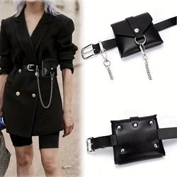 Stylish Street Trend Black Solid PU Leather Coin Purse Mini Small Waist Belt Bag Fashion Belt With Detachable Chain Fanny Pack