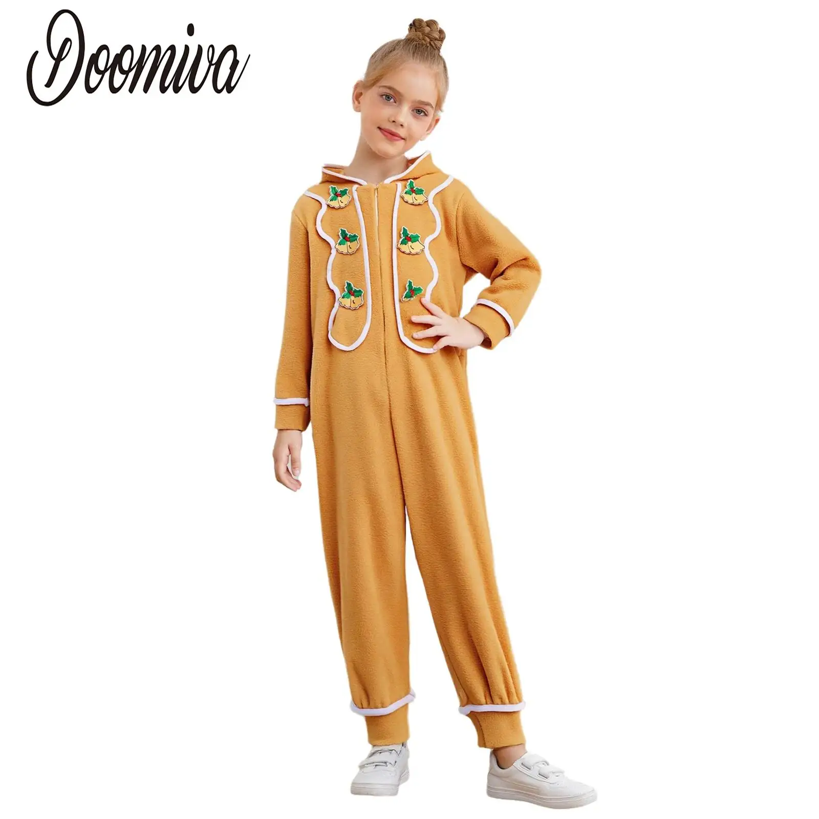 

Girls Boys Gingerbread Man Costume Party Xmas Sleepwear Warm Long Sleeve Zipper Hoodie Full Jumpsuit for Home Wear Photo Shoot