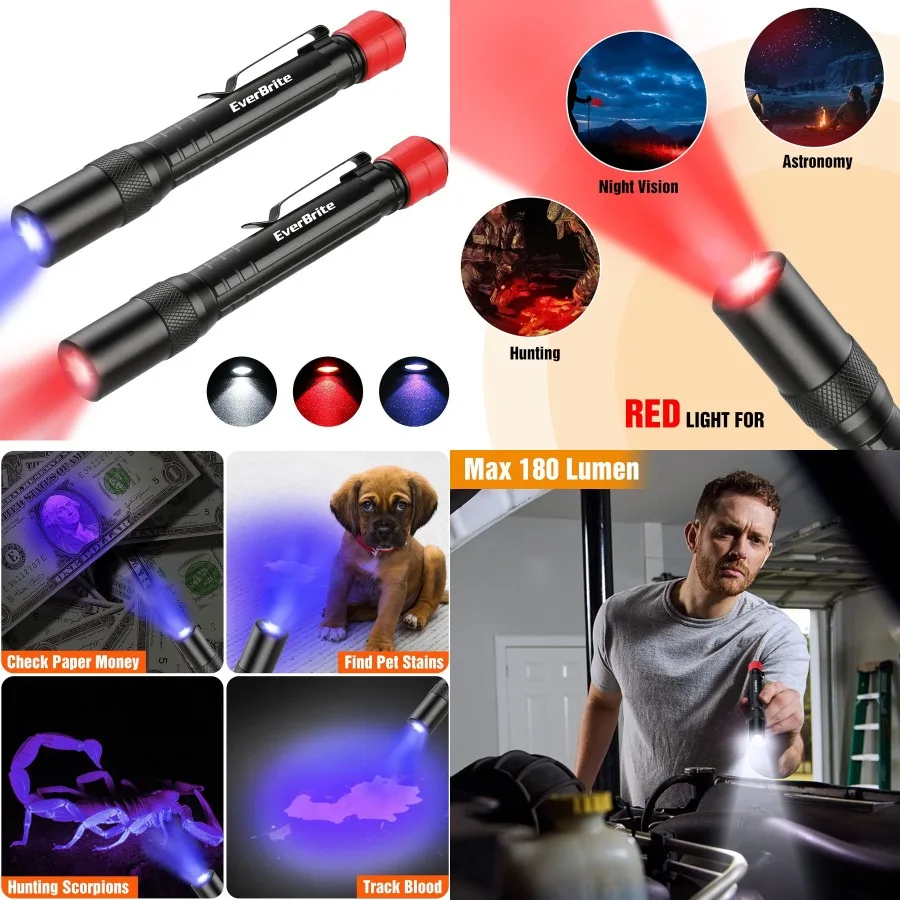 

EverBrite Red Light Penlight Flashlight with 395nm UV Blacklight and White Light Multi-Function LED Pocket Pen Light Includes A