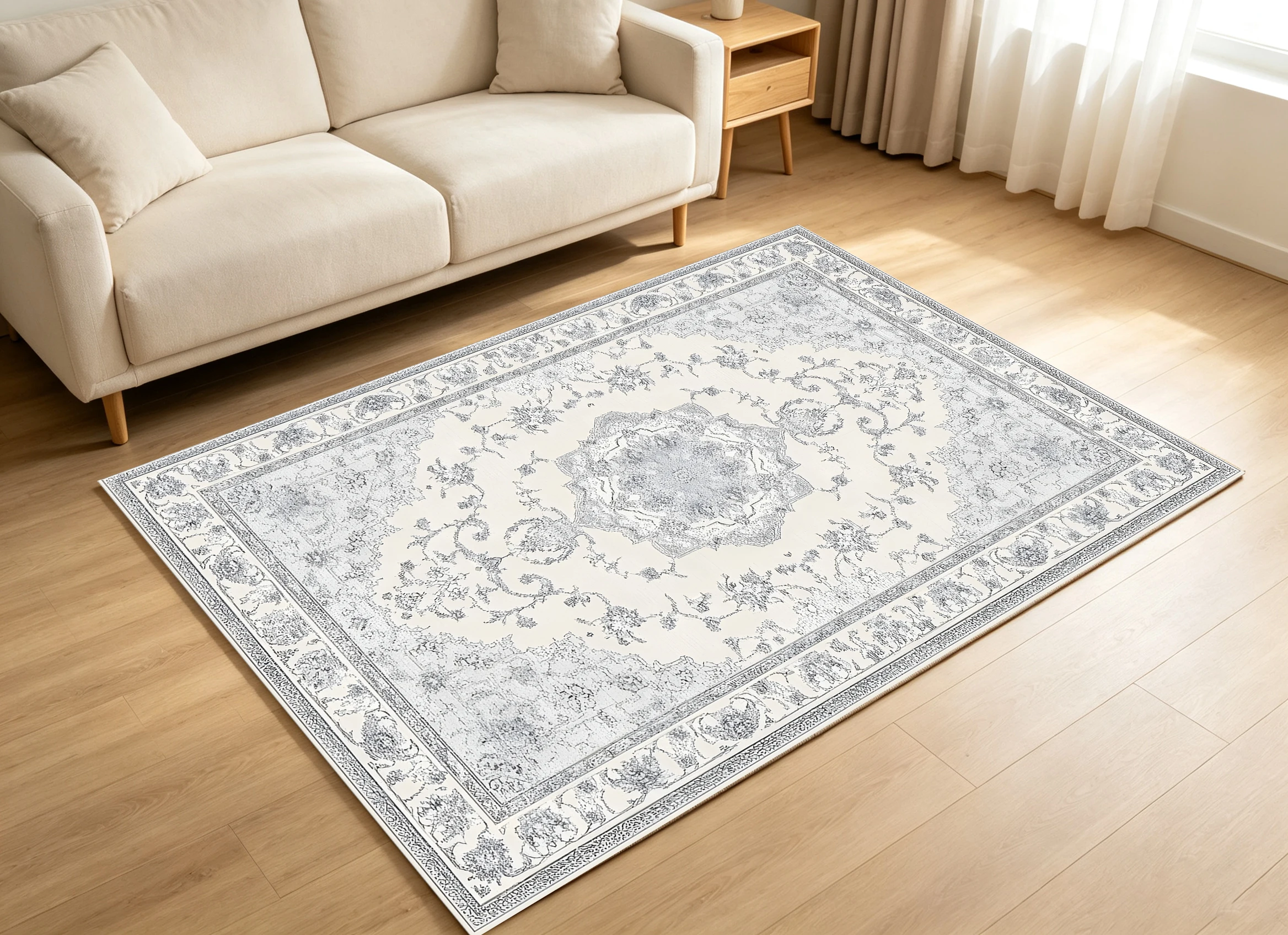 2D Large Rug in Beige-Grey European Retro Pattern, Soft & Skin-Friendly, for Living Room & Bedroom, Enhancing the Space