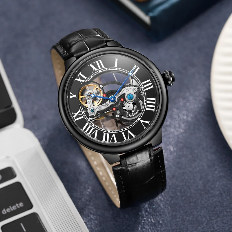 Hollowed Mechanical Wristwatch 30M Waterproof Watch Men Automatic Transparent Skeleton Mechanical Watch Black Steel Male Clock