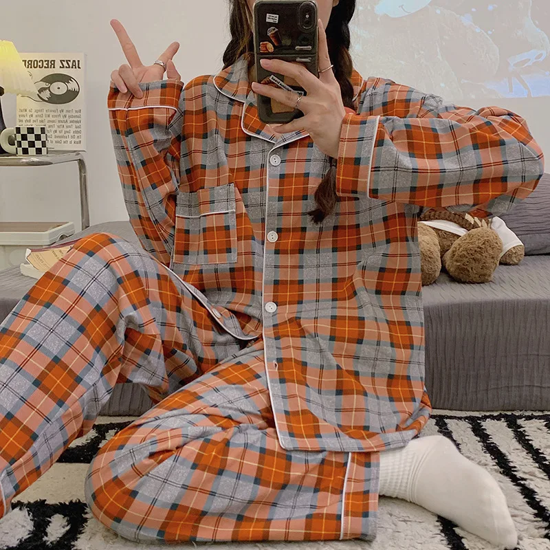 New Ins Minimalist Red Plaid Long Sleeved Pajamas for Autumn Girls Home Wea Clothers and Pants Set Fashion New Loungewear Women