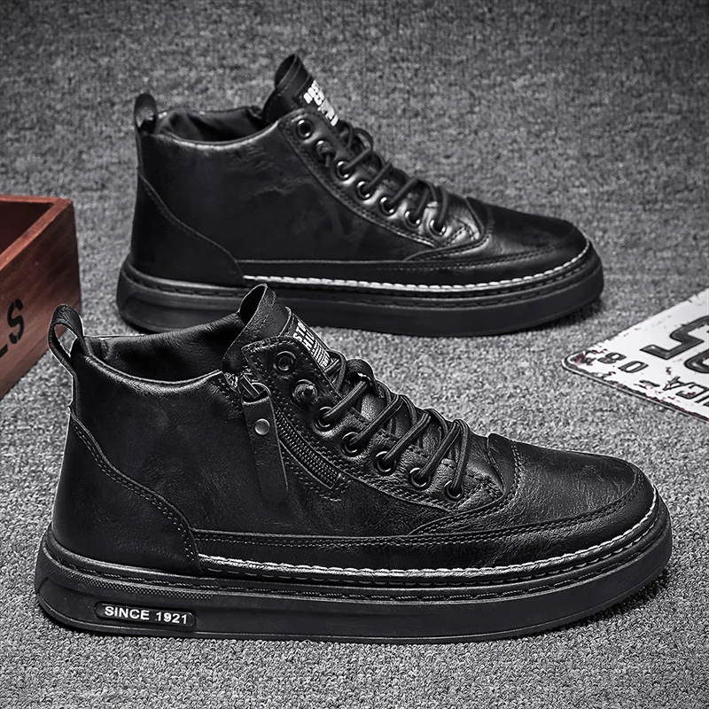 

High-Top Men's Boots Autumn Casual Wear-Resistant Leather Shoes with Fleece round Toe Flat Heel Rubber Sole