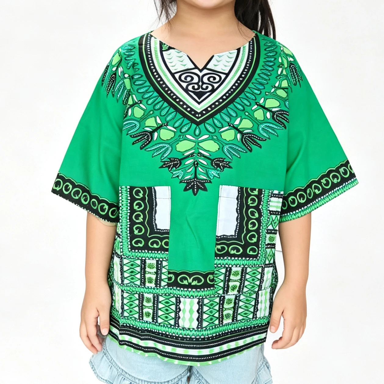 Kids Dashiki Shirt, 100% Cotton African Print with Pockets, Ethnic Pattern, Loose Fit Boys Girls Top, Size 100-150
