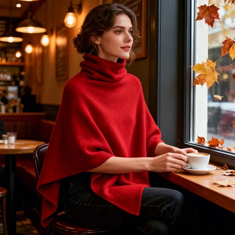 Cozy Solid Color Turtleneck Poncho Soft Loose Fit Cashmere Pullover Thin Warm Bat Sleeve Pullover for Women