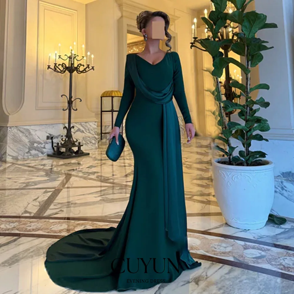 

CUYUN Customized Elegant Mermaid Evening Dresses Modest Saudi Pleat Long Sleeve Floor Length Classic Formal Prom Gown New