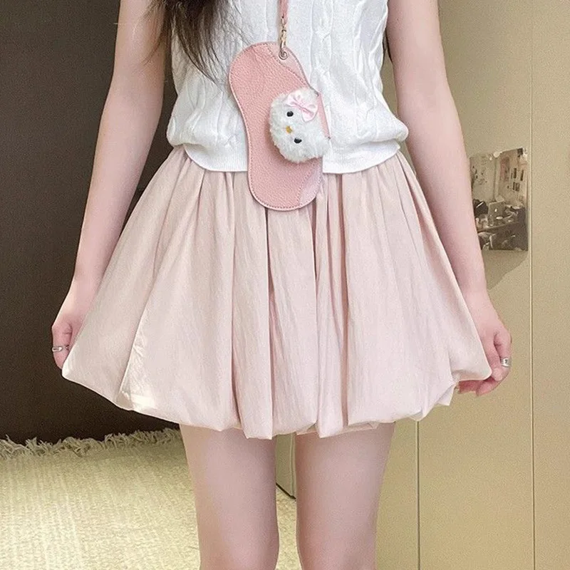 Summer Lady Fashion Short Skirts Girls Korean Solid High Waist Dress Female Designer Ruched A-line Thin Skirts