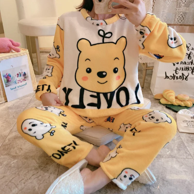 Cartoon Disney Mickey Mouse Women\'s Pajamas Winter Knitted Plush Long Sleeve Pants Two-piece Set Loungewear Hello Kitty Pajamas