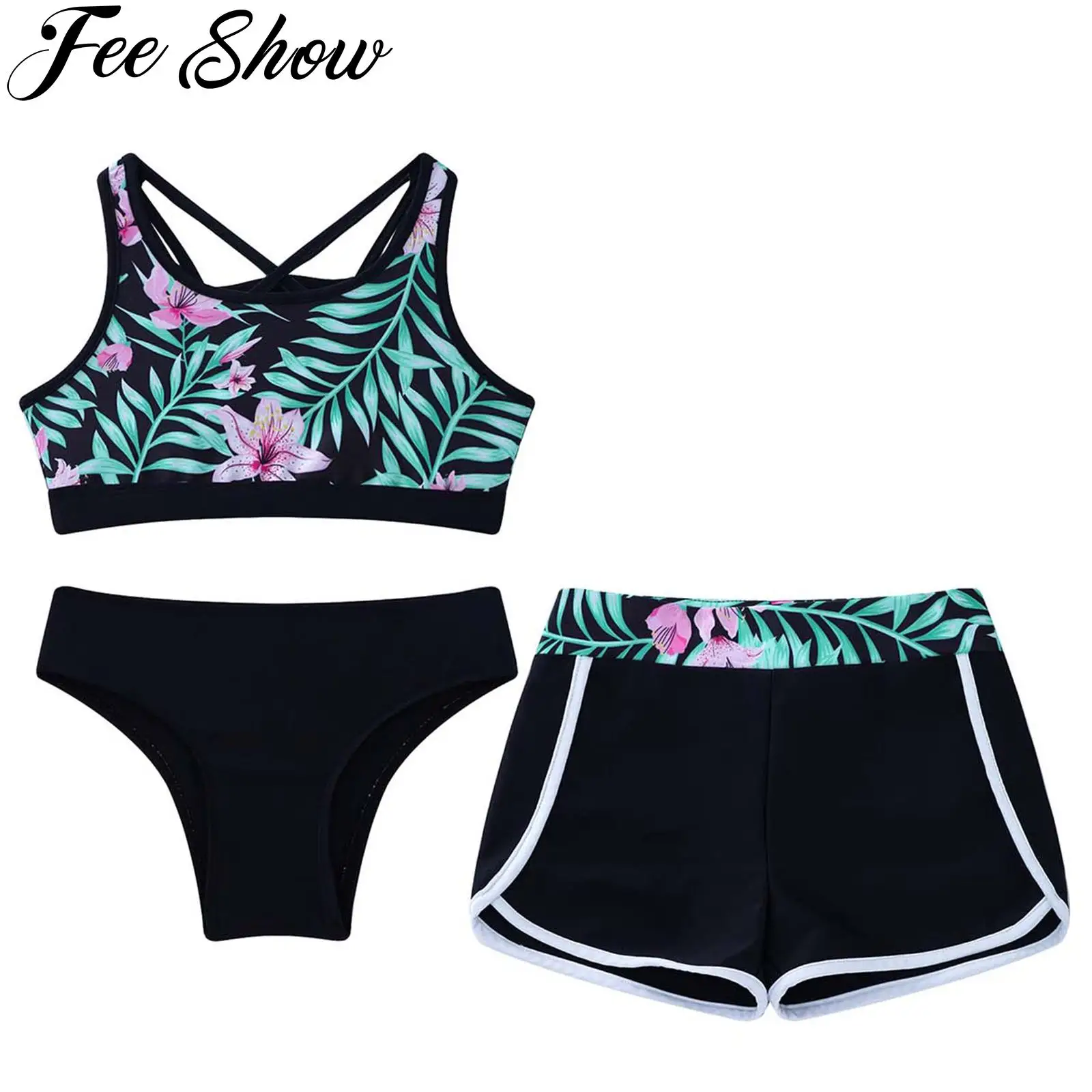 Kids Girls 3 Pieces Tankini Set Floral Print Criss Cross Back Crop Tops with Boyshort Bottoms Beach Sport Swimwear Bathing Suit