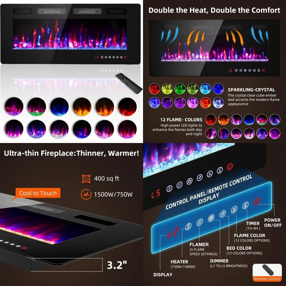 

Электрический камин 42 дюйма — отдельно стоящее настенное крепление для гостиной с дистанционным управлением, современный дизайн