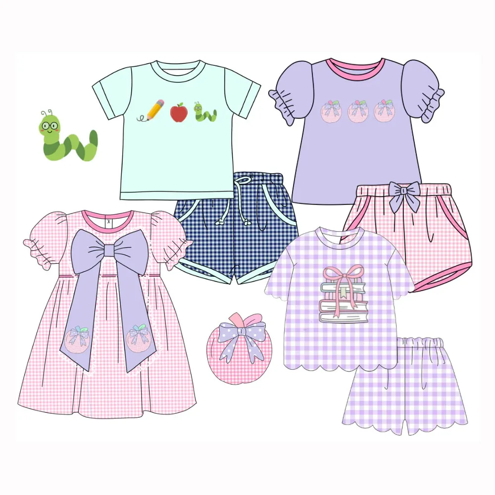 Back To School Boutique Children's Clothing Cartoon Apple Book Print Short-Sleeve Top and Shorts Set New Girl Dress Milk Silk