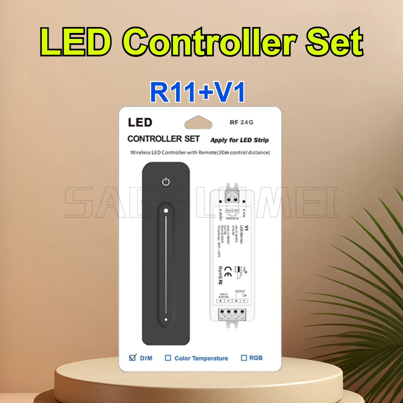 

LED Controller Set V1+R11 1CH*8A 5-36VDC CV Controller Push-Dim 1 Zone Dimming Remote Control Single Color LED Strip RF 2.4GHz