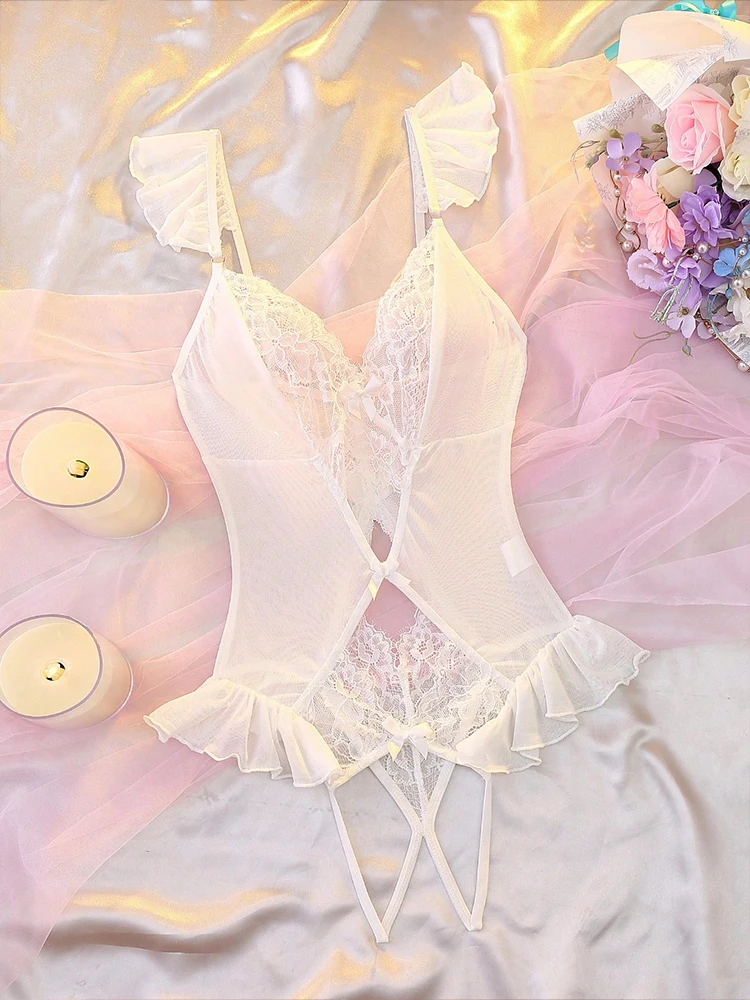 エキゾチックなオープンアナルランジェリー透明セクシーな衣装レースエロ衣装ランジェリーセットコスプレブライダル中空アウトウェディングボディスーツ