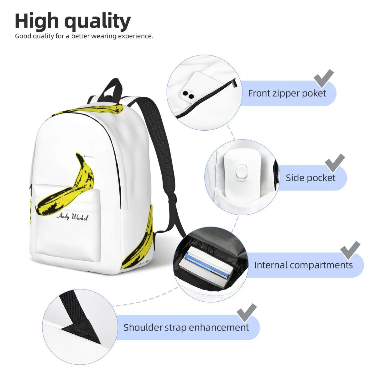 Andy Warhol Banana Velvet Underground Student Backpack School Bag Hiking Travel Daypack for Boys Girls Bookbag Shoulder Bags