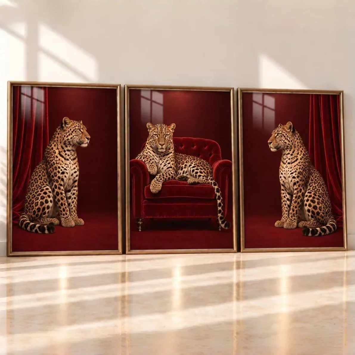 1PCS frameless Wild Leopard Beside Red Velvet Curtain Canvas Painting Leopard On Vintage Convertible Car Art Poster Modern Luxur