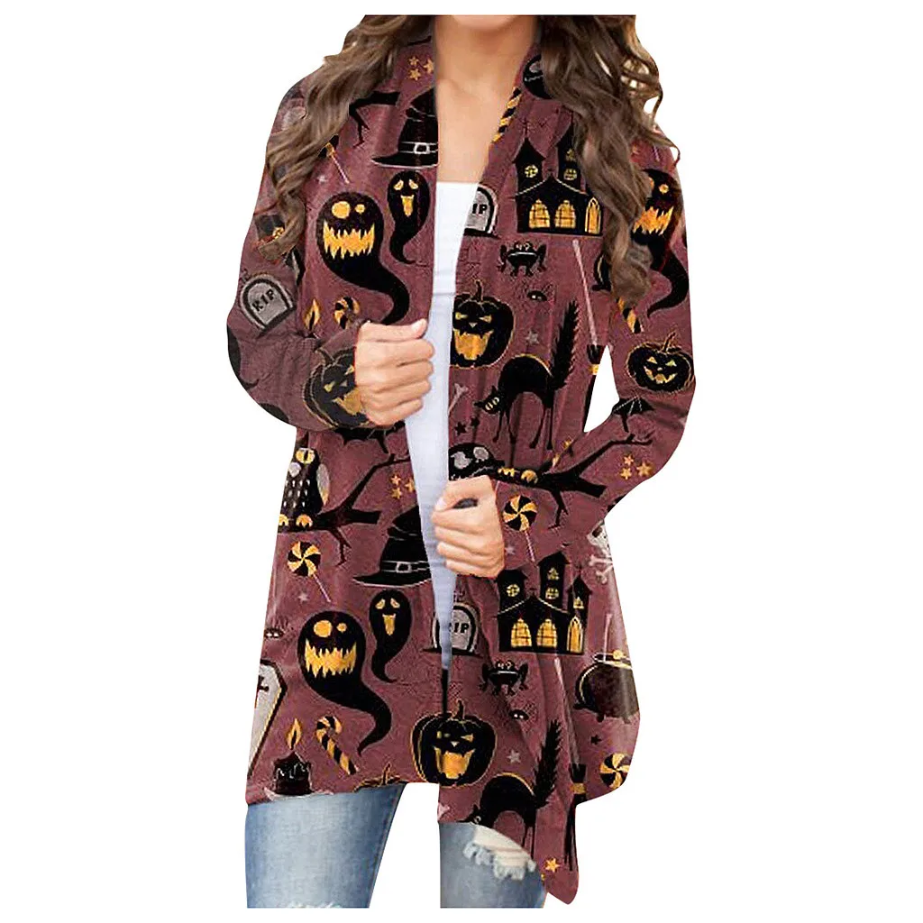 Halloween Women Casual Print Long Sleeve Open Loose Cardigan Coat Lightweight Cardigan Sweaters for Women