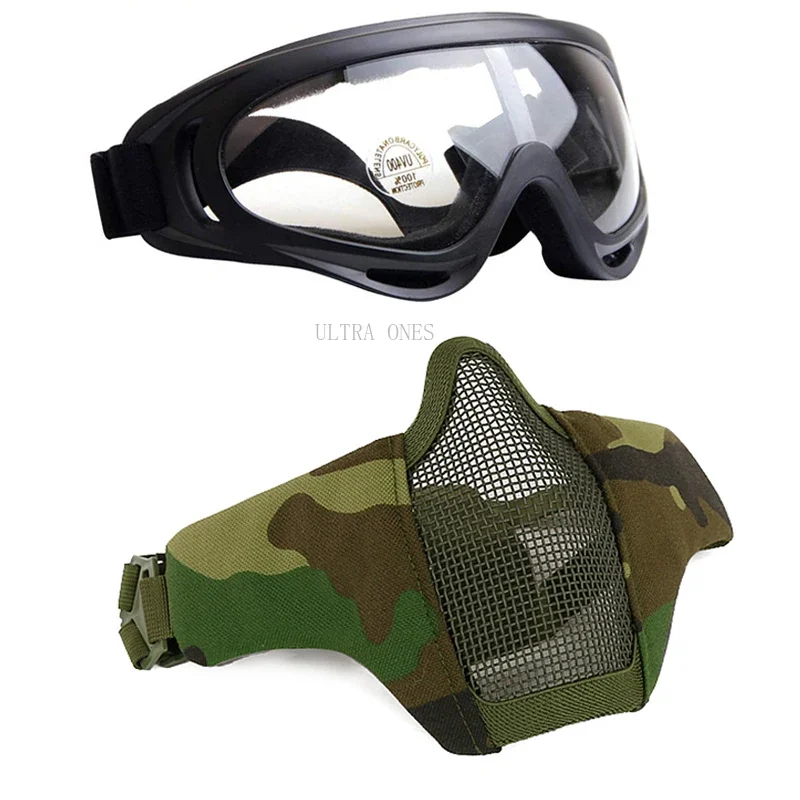 Tactical Half Face Mask with Goggles Airsoft Low-carbon Steel Mesh Masks Wargame Cs Shooting Adjustable Face Sheild