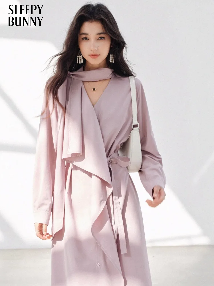 

Asymmetric Wrap Shirt Dress Long Sleeve Trench-Style Midi Dress Women Elegant Slim Fit Autumn Outfit with Belt and Draped Design