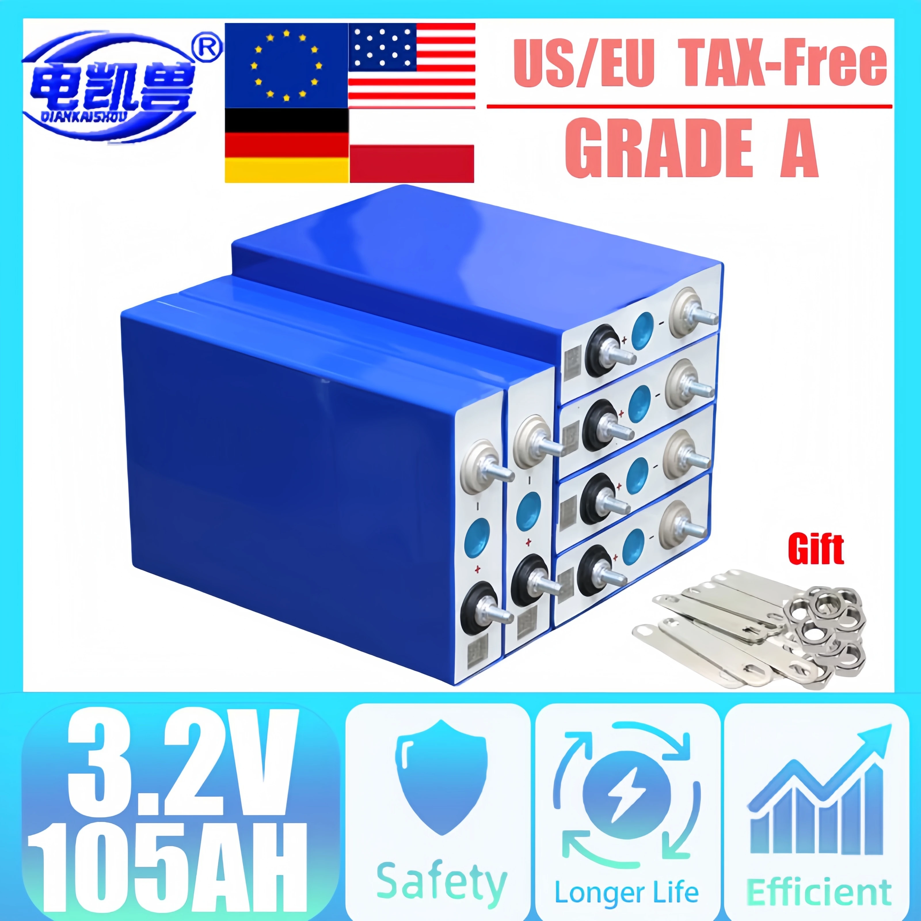

Совершенно новая аккумуляторная батарея LiFePO4 A 3,2 В 105 Ач DIY 12 В 24 В 48 В для электромобиля EV RV Солнечная энергия Гольф-кар TAX FREE