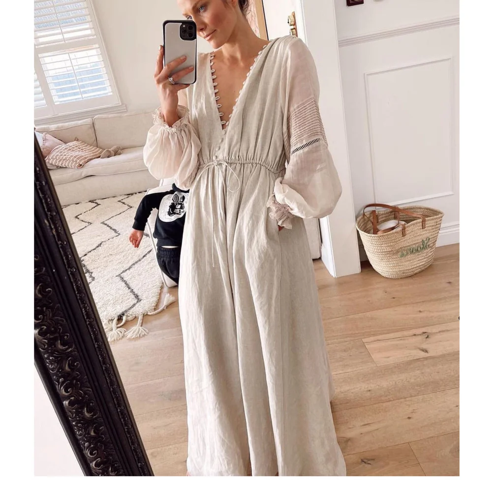 

Women Deep V Neck Linen Venus Goddess Maxi Long Dress Lantern Sleeve Backless Bandage Fitted Waist Holiday Bohemia Ladies Dress