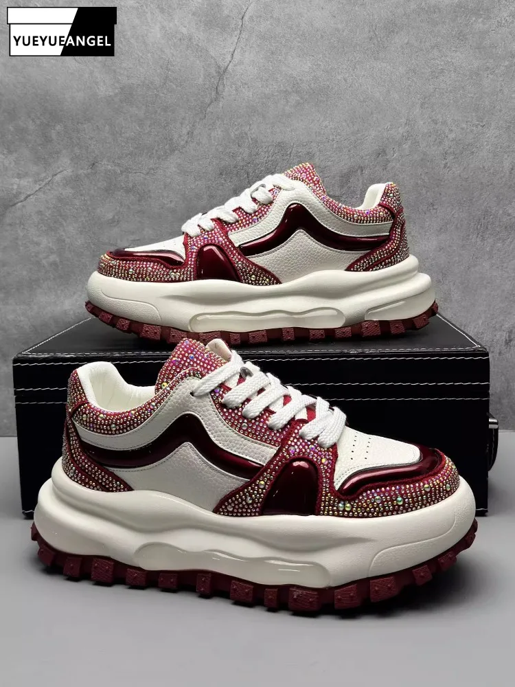 

Mens Casual Shiny Diamonds Shoes Lace Up Low Cut Crystal Thick Platform Skateboard Shoes New Height Increasing Joggers Sneakers