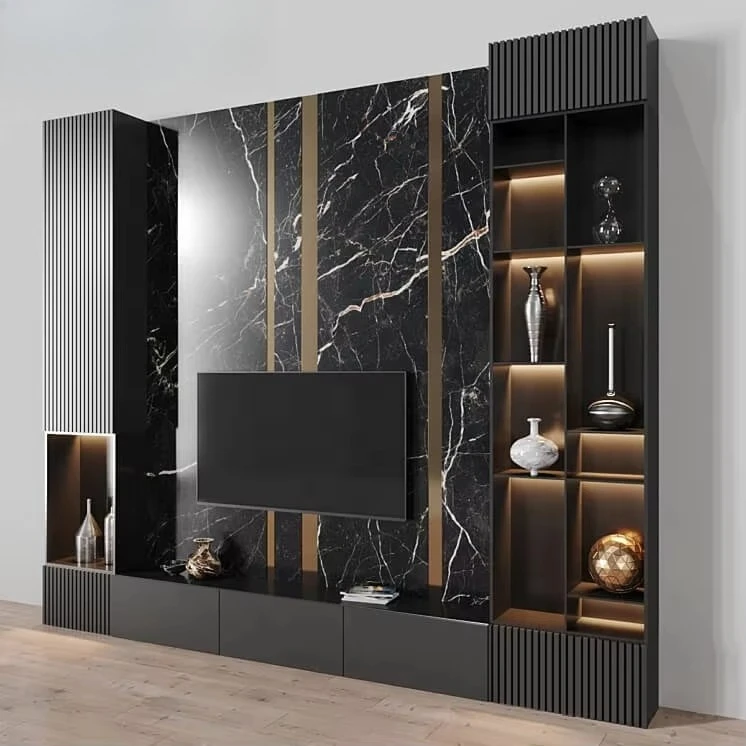 Simple black and white marble textured TV backdrop with open display stands and lockers