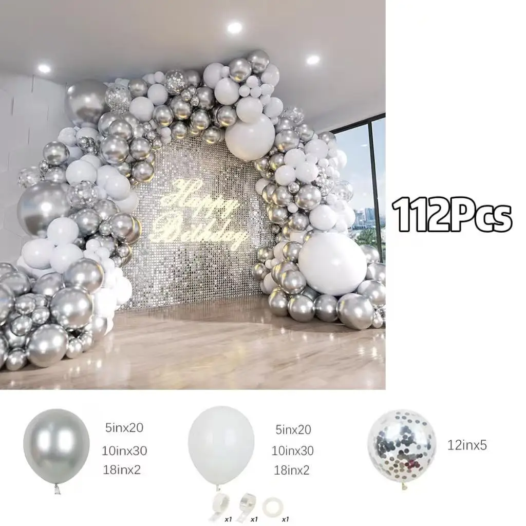 112Pcs White and Silver Balloon Arch Kit  Metallic Silver and Silver Confetti Balloon Garland Kit for Birthday Party Decorations