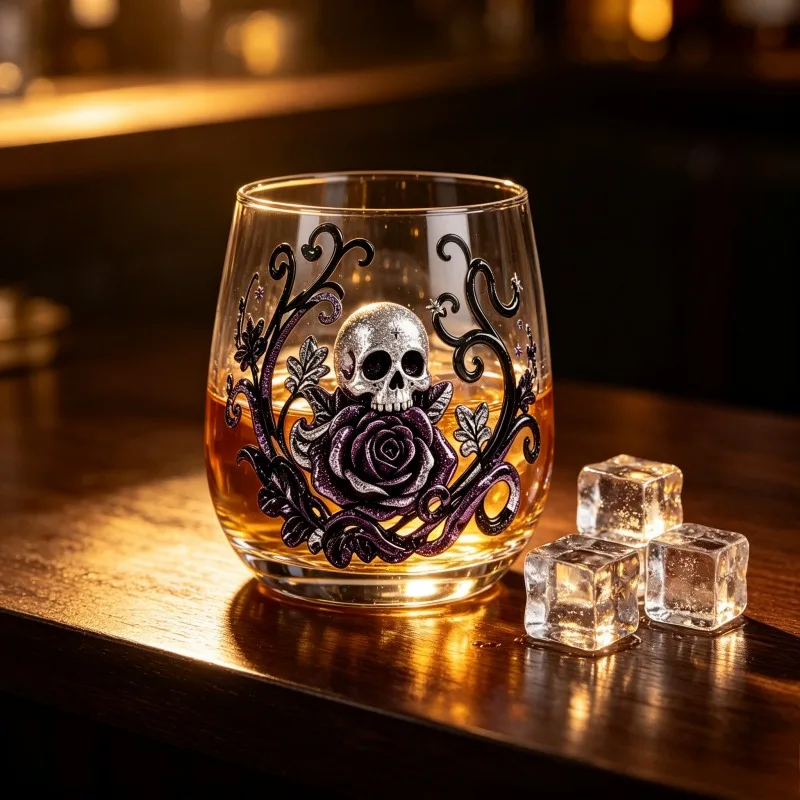 Gothic Skull Rose Glass Cup Purple Floral Sticker Craft Beer Tumbler for Whiskey Cocktail Home Bar Decor Gift
