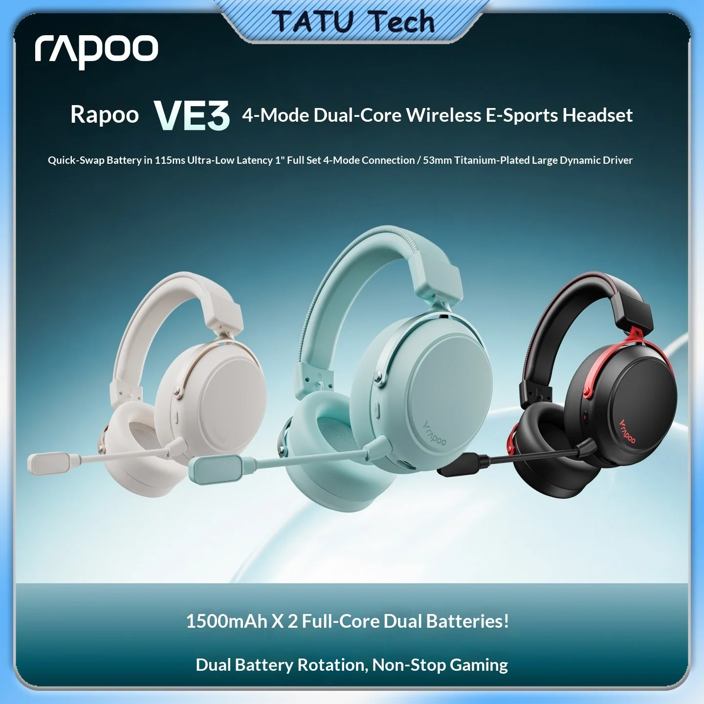 Rapoo VE3 Wireless Gaming Headset Four Mode Bluetooth Headphone Swappable Battery With Microphone For Delta Force Valorant
