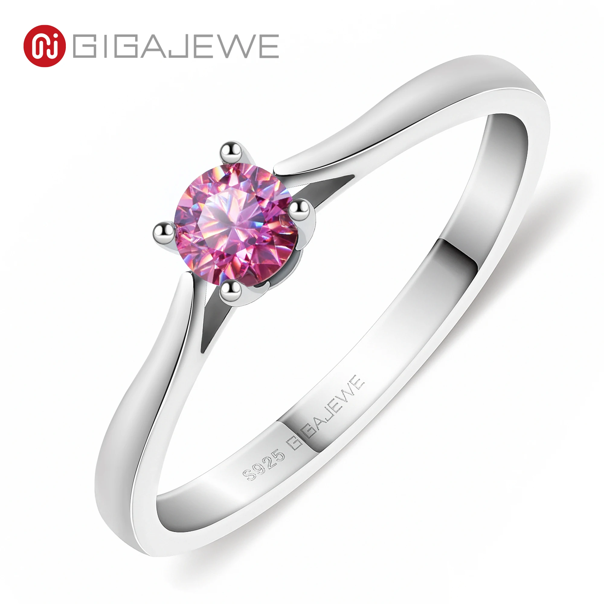 GIGAJEWE Moissanite 0.3ct 4mm Round Cut Blue/Pink/white 925 Silver Ring Diamond Test Passed Fashion Claw Setting Woman Girl Gift