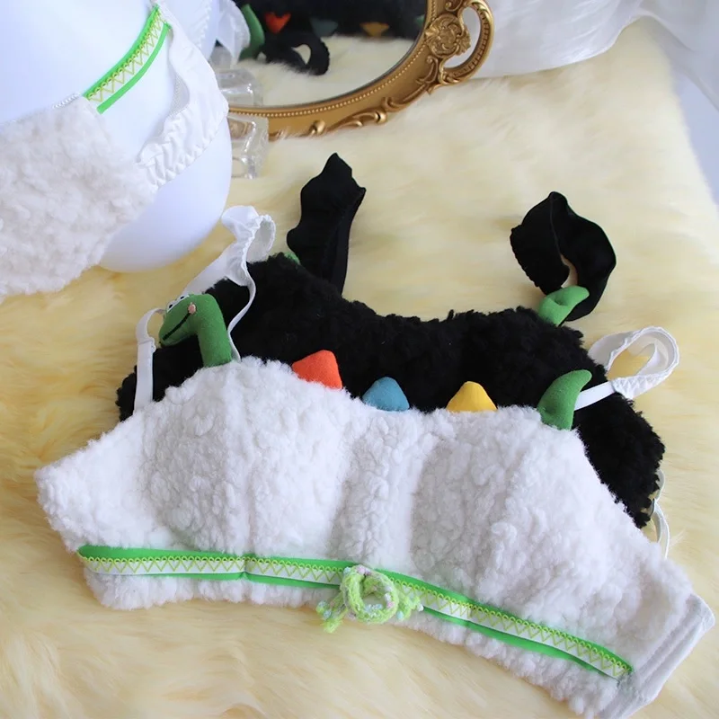 Plush small dinosaur warm bra set Japanese girls soft sweet cute cartoon cotton lingerie non-steel ring underwear sets