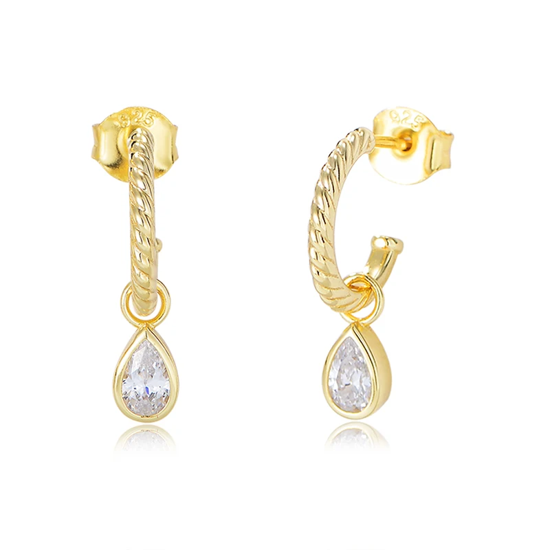 

S925 Sterling Silver C-Shaped Earrings with Tear-Shaped Zircon Women's Fashionable Luxury Ins Drop Earrings