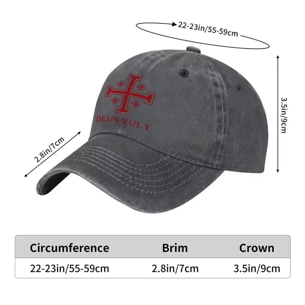 Jerusalem Cross Deus Vult Print Washed Baseball Cap Unisex Casual Outdoor Golf Cap for Daily Wear