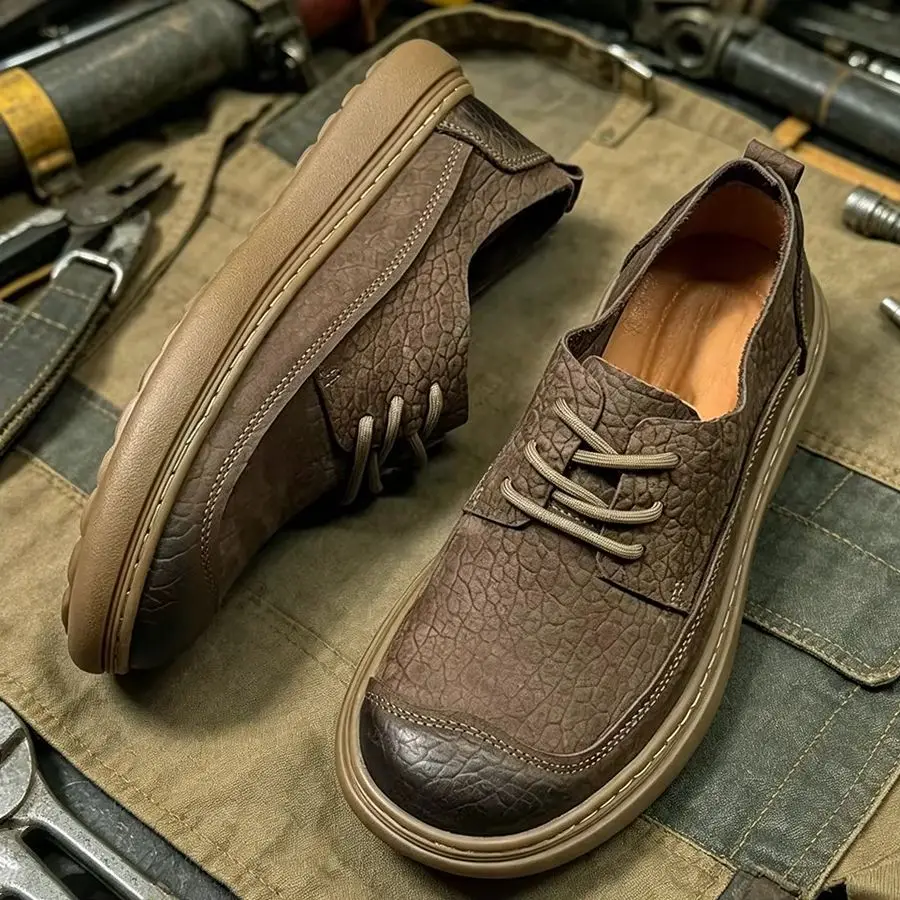LIHUAMAO Cow leather men shoes work skateboard shoes sport outdoor walking sneaker lace up casual shoe retro street style