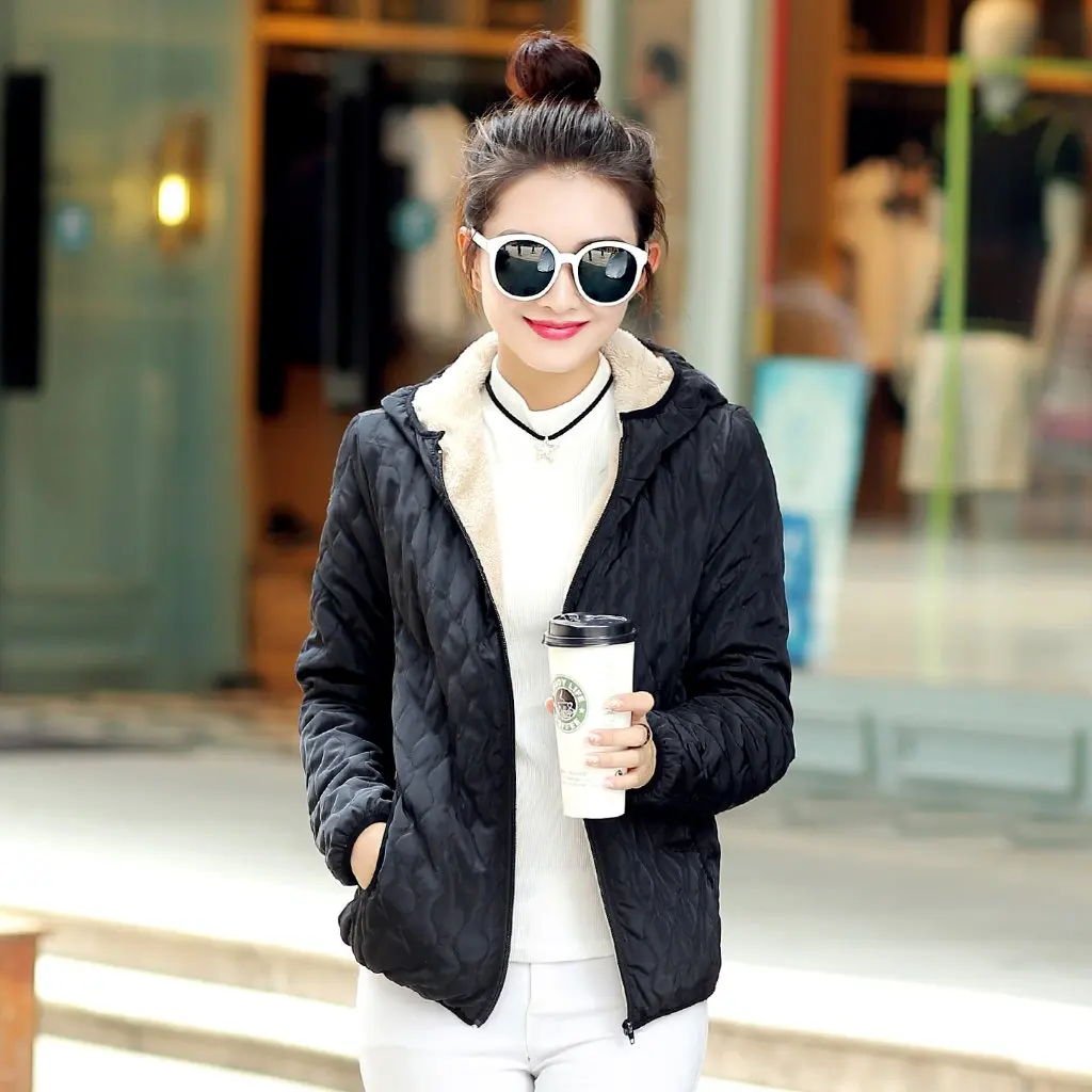 

Women's Cotton-Padded Jacket with Velvet Lined Lamb Wool Hood Long Sleeve Autumn Winter European American Style Wave Design