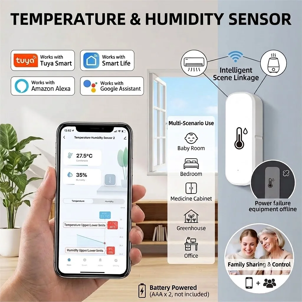 WiFi Smart Temperature and Humidity Sensor Indoor Thermometer Works with Tuya / Smart Life App Alexa Google Home