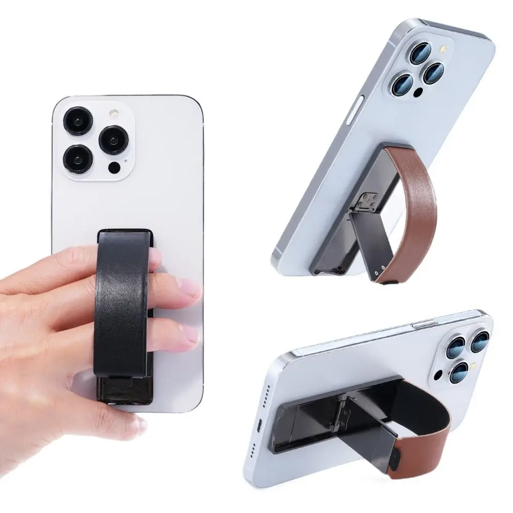 

New Leather Phone Finger Grip Strap Metal Cell Phone Holder Self-adhesive Telescopic Mobile Phone Stand for Most Smartphone