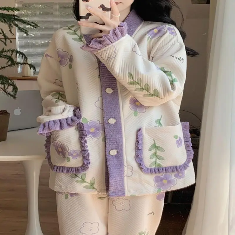 بيجامة قطنية هوائية للنساء في الخريف والشتاء طقم بيجامة مثير ملابس منزلية عصرية أطقم جديدة متطابقة بدلة نسائية أنيقة #5